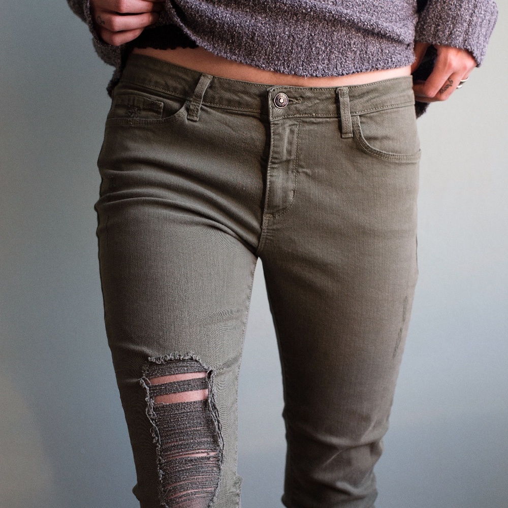 Army Green Distressed Grunge Ankle Skinny Jeans
